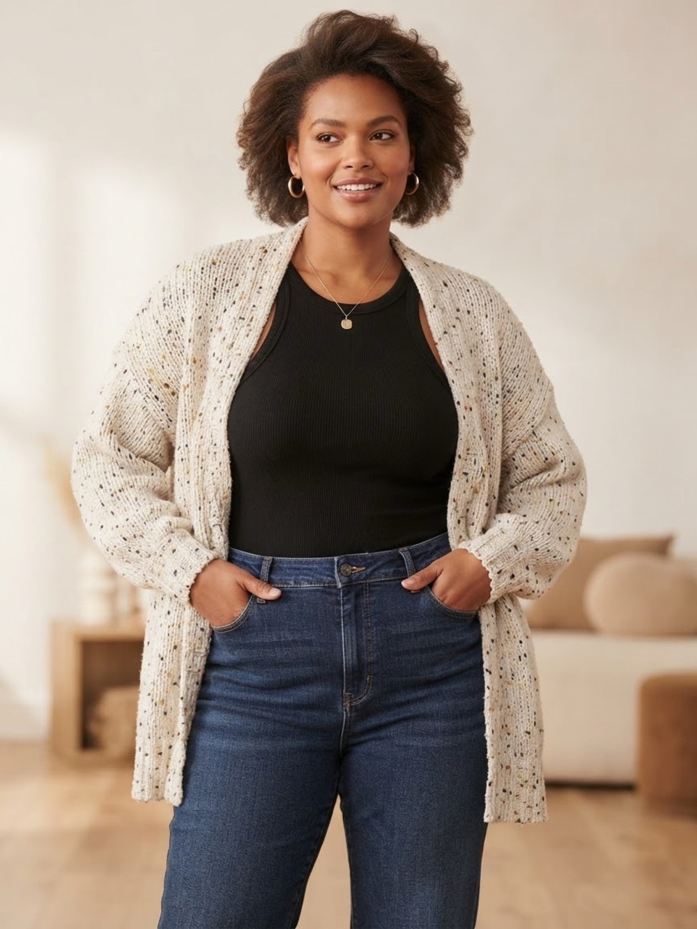 Adora Cream Confetti Speckled Chunky Knit Open Front Cardigan Size XL